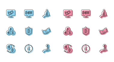 Kripto para değişimi, sterlinli sikke parası, kağıt para yığını, dolar fabrikası, Shield bitcoin, para birimi ve simge. Vektör