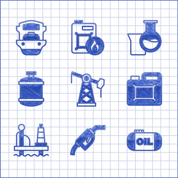 Petrol pompası veya pompa valfini, benzin hortumunu, depolama tüpünü, motor yağı kutusunu, denizi, propan gazını, benzin test tüpünü ve tanker ikonunu ayarlayın. Vektör