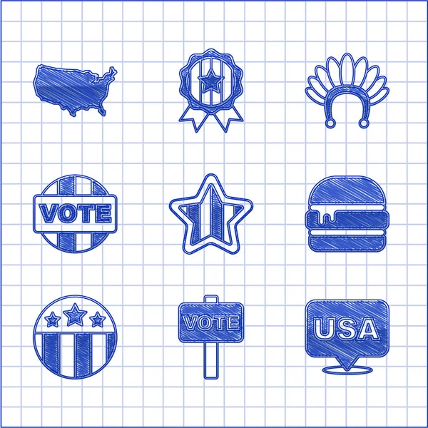 Set Usa Jour Indépendance Votez Burger Médaille Avec Étoile Plumes — Image vectorielle