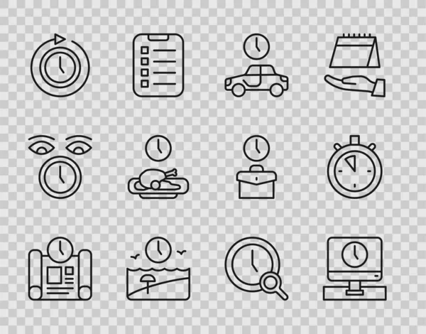 Set Line Projektzeitplan Monitor Zeitreise Urlaub Uhr Mit Pfeil Essen — Stockvektor