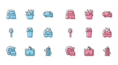 Halat yıkama, lavabo, temizlik için fırça, temiz vazo, çöp tenekesi, sünger, tuvalet fırçası ve sabun köpüklü leğen. Vektör