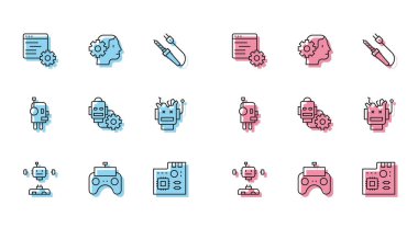 Hattı parçalanmış robot, uzaktan kumanda, bilgisayar api arayüzü, anakart dijital çip, robot ayarı, Kırık ve İnsansı simgesi olarak ayarla. Vektör