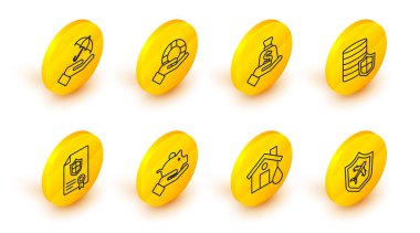 Çizgiyi kalkan, ev seli, kumbara, kontrat, para, Lifebuoy ve Şemsiye ikonu ile ayarlayın. Vektör