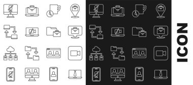 Çevrimiçi sohbet konferansı, kamera, çevrimiçi çalışma, zaman yönetimi, kamera kapalı dizüstü bilgisayar, dilsiz mikrofon bilgisayarı ve simge. Vektör
