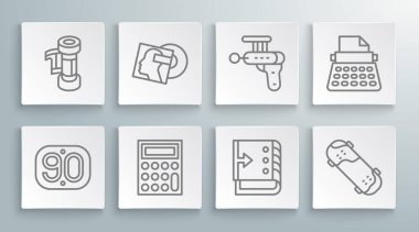 Satır 90 'lar Retro, Vinil disk, Hesap Makinesi, Ses Karıştırıcı, Kaykay numarası, Ray tabancası, daktilo ve Kamera kartuşu simgesi. Vektör