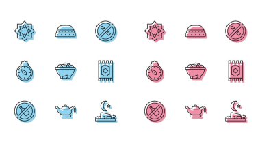 Sabit hat. Alkol yok, yağ lambası yok, sekizgen yıldız, Müslüman adam dua ediyor, kasedeki meyveler, geleneksel halı, Qibla ve dua ikonu için şapka. Vektör