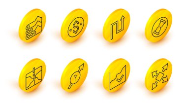 Çizgiyi çok yönlü ok, finansal büyüme artışı, ok, kavşak noktası, kum, dolar sembollü eski kum saati ve grafik, grafik, diyagram simgesi olarak ayarla. Vektör