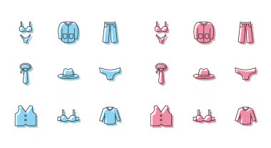 Yelek, sutyen, mayo, süveter, erkek şapkası, erkek iç çamaşırı, kravat ve ikon. Vektör