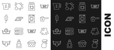 Hattı ayarla. Su püskürtme şişesi, dökülme, çamaşır tozu, çamaşır deterjanı, elektrikli ütü, tüy, ölçü kabı ve çamaşır makinesi ikonu. Vektör