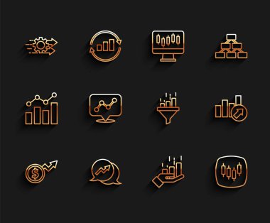 Finansal büyüme doları, zaman yönetimi borsası, grafiksel grafik bilgisi ve satış hunisi ikonu olan bir tarayıcı ayarla. Vektör