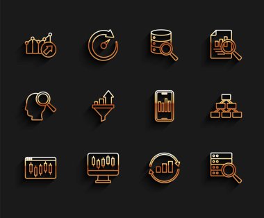 Satır Tarayıcısını hisse senedi piyasası, hisse senedi büyüme grafikleri, Finansal, Grafik grafikleri, sunucu, satış hunisi, hiyerarşi organizogramı ve mobil simge ile ayarla. Vektör