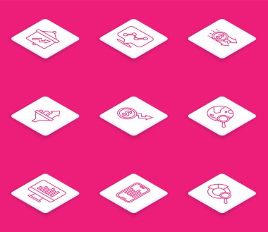 Çizgi tahtasını grafikle, grafikle, finansal büyüme parasıyla, satış hunisiyle, arama küresiyle, monitörle ve mobil simgeyle ayarla. Vektör