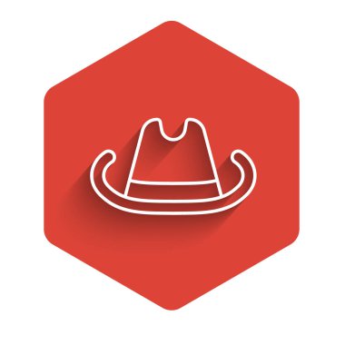 Beyaz çizgi batı kovboy şapkası ikonu uzun gölge arkaplan izole. Kırmızı altıgen düğmesi. Vektör