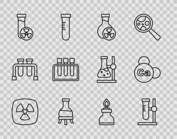 设置线放射性 试管瓶在支架上 与有毒液体 酒精或酒精燃烧器和矿物质钙图标 — 图库矢量图片