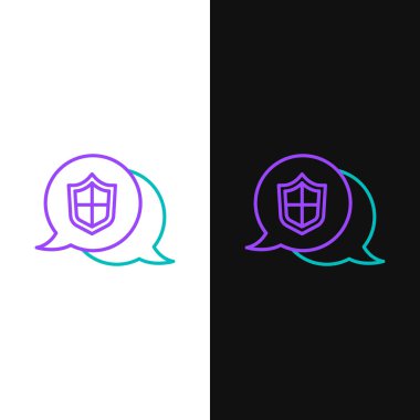 Çizgi Konum Kalkanı simgesi beyaz ve siyah arkaplanda izole edildi. Sigorta konsepti. Gardiyan. Güvenlik, güvenlik, koruma, gizlilik kavramı. Renkli taslak konsepti. Vektör