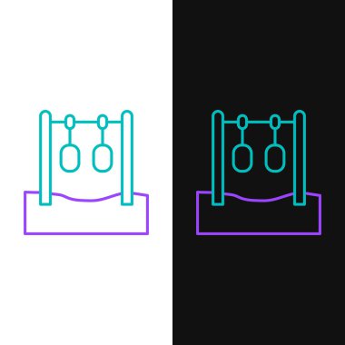 Beyaz ve siyah arkaplanda izole edilmiş çizgi jimnastik halkaları ikonu. Yüzüklü ip asılı oyun alanı ekipmanları. Renkli taslak konsepti. Vektör