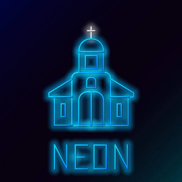 Icono de edificio de la iglesia de línea de neón brillante aislado sobre fondo negro. Iglesia Cristiana. Religión de la iglesia. Concepto de esquema colorido. Vector — Vector de stock