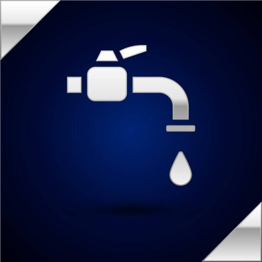 Gümüş Su musluk simgesi koyu mavi arka plan üzerinde izole. Vektör İllüstrasyonu