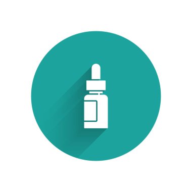 Uzun gölgeli beyaz yağ şişesi simgesi. Organik aromaterapi özü. Cilt bakımı serumu cam bırakma paketi. Yeşil daire düğmesi. Vektör