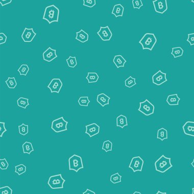 Bitcoin ikonuna sahip Yeşil Kalkan yeşil arka planda izole edilmiş pürüzsüz desen. Kripto para madenciliği, engelleme teknolojisi, güvenlik, koruma, dijital para. Vektör