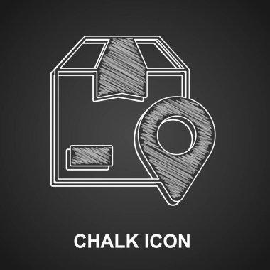 Siyah arkaplanda karton kutu simgesine sahip tebeşir konumu. Teslimat hizmetleri, lojistik ve ulaşım, dağıtım. Vektör