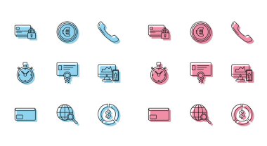 Hat zarfı, kredi kartı kilidi, madeni para dolar sembolü, sertifika şablonu, finans şeması veya bilgisayar monitörü ve cep telefonu, Stopwatch ve euro ikonunun grafiğini çiz. Vektör