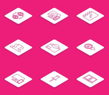 Hat Para Takası, Finansal şema veya grafik bilgisayar monitörü ve cep telefonu, adres defteri, Kullanıcı grubu, Envelope, Sterlin sembollü Bozuk Para, Bilgisayar ve İtme pin simgesi. Vektör