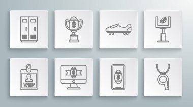 VIP kartı, TV programında, Amerikan malı Smartphone ekranda, Whistle, Soccer ya da ayakkabı çivileri, kale direği ve futbol için soyunma odası, basketbol takımı çalışanları ikonu. Vektör