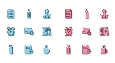 Satır USB flaş bellek, belge ve onay işareti, Dosya belgesi, çay yaprağı, dişli dizin ayarları, ofis dosyaları belgeleri, Alarm saati ve İşaretleyici kalem simgesi. Vektör