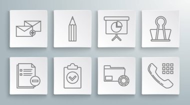 Satır Belgesini eksi, Dizin ayarları vitesleri, Telefon ahizesi, Sunum finans kurulu grafiği, çizelgesi, diyagramı, bilgi grafiği, pasta grafiği, Binder klipsi ve Envelope simgesi ile ayarla. Vektör