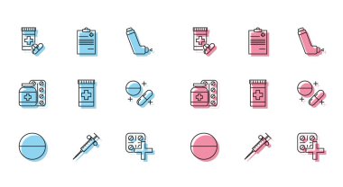 İlaç hapı ya da tablet, şırınga, şişe ve haplar, su toplayan haplar ve klinik kayıt ikonlu tıbbi pano. Vektör