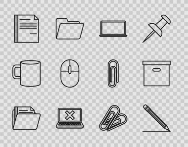 Satır Belge dizini, silgi ve satırlı kalem, dizüstü bilgisayar, ekran üzerinde çapraz iz, Dosya belgesi, Bilgisayar faresi, Kağıt Ataç ve Karton kutu simgesini ayarla. Vektör
