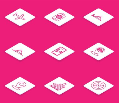 Uçak hattı, biletli pasaport, turist çadırı yangını, şehir haritası navigasyon bilgileri, Roma, İtalya 'da harita işaretleyici kolezyum, seyahat ikonu için iğne ve bavul. Vektör