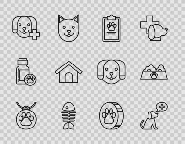 İsim etiketli tasma, veteriner kliniği sembolü, pano tıbbi kayıt evcil hayvanı, balık iskeleti, köpek evi, pati izi ve kedi köpek ikonu için evcil hayvan yemek kasesi. Vektör