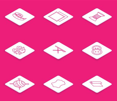 Şerit mezura, tekstil kumaş rulosu, dikiş ipliği, elektrikli ütü, ütü tahtası, kıyafet düğmesi, örgü iğneli iplik topu ve deri ikon. Vektör