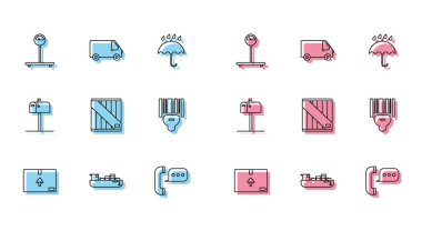 Trafik sembollü karton kutucuğu ayarla, Ölçek, Telefon konuşma balonu sohbeti, Wooden, tarayıcı tarama barkodu, Açık posta ve teslimat kargo aracı simgesi. Vektör