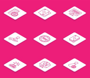 Dolarlı kumarhane fişi, kart kalp oyunu, online kumar makinesi şanslı yedili ikramiye, el çantası, fiş, kaybeden ve poker masası ikonu. Vektör