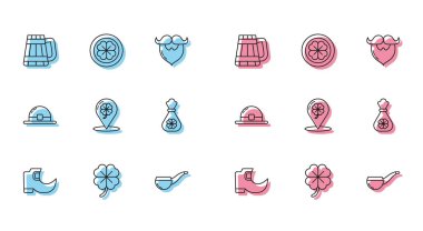 Geleneksel Leprikon çizmeler, dört yapraklı yonca, tahta bira kupası, tüttürme piposu, konum ve dört, para çantası, leprikon şapka ve altın sikke ikonu. Vektör