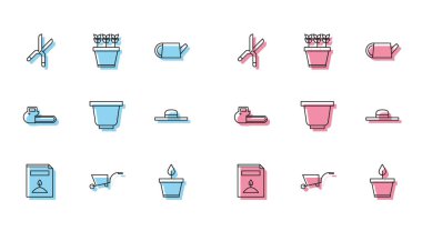 El arabası, bahçe makası, saksı, çiçek, işçi şapkası, testere ve bitki ikonu gibi özel bir bitkinin tohumlarıyla dolu bir paket hazırla. Vektör