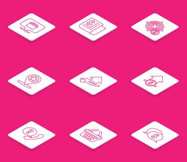 Set line Online alışveriş konsepti, Finansal haberler dolar sembollü hedef, harita işaretleyici yıldız, para eli, büyüme parası, telefon ahizesi konuşma balonu sohbeti ve alışveriş septi ikonu. Vektör