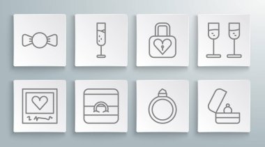 Resim çerçeveleri ve kalpler, bir kadeh şampanya, alyans, elmas nişan, Lock ve papyon ikonu. Vektör