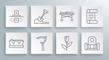 Tabutu ölüyle aynı hizaya getirin, yeri kazın, yeri kazın, tırpan, çiçek gülü, mezar taşı, ceset morgu, ferman, parşömen, parşömen, parşömen ve tabut ikonu. Vektör