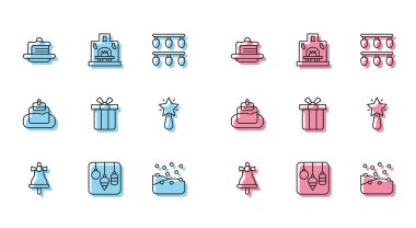 Hat ayarla Mutlu Noeller zil, ışıklar, pasta, kar düşüşü, hediye kutusu, yıldız ve şömine ikonu. Vektör