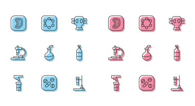 Tüpü ve matarayı, ilaç hapını veya tableti, bakteriyi, yangını, bitki üretimini, propan gazı tankını, mikroskobu ve benzen halkaları ikonunun formülünü ayarlayın. Vektör