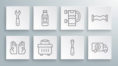 Lastik eldivenler, temizlik malzemesi, alet çantası, tornavida, boru hattı, ısıtmalı havlu tırabzanı, endüstriyel metal boru ve İngiliz anahtarı simgesi için şişe. Vektör