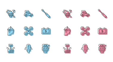 Robot hattı, düşük akü şarjı, drone, pil, akıllı gözlükler ve özerk akıllı araba ikonu. Vektör
