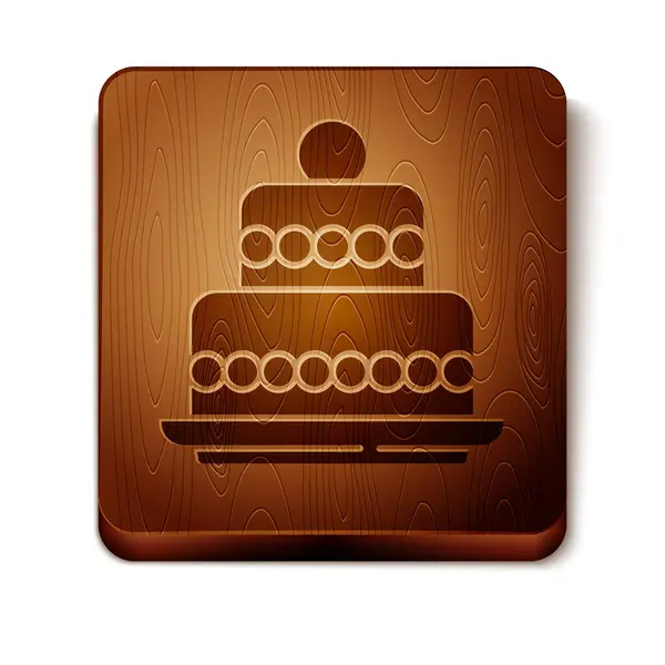 Brązowa ikona ciasta na białym tle. Wszystkiego najlepszego. Drewniany kwadratowy przycisk. Wektor — Wektor stockowy