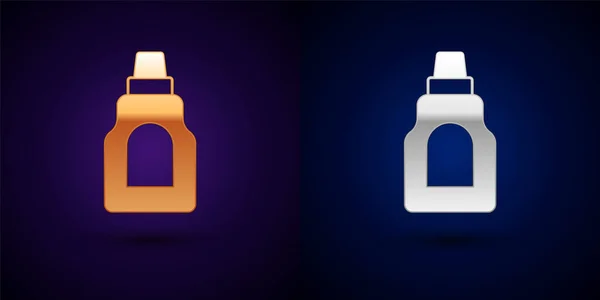 Oro y plata Botella de plástico para detergente de lavandería, lejía, líquido para lavar platos u otro icono de agente de limpieza aislado sobre fondo negro. Vector — Vector de stock