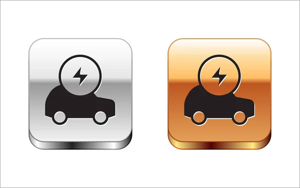 Μαύρο ηλεκτρικό αυτοκίνητο και ηλεκτρικό καλώδιο βύσμα φόρτισης εικονίδιο απομονώνονται σε λευκό φόντο. Ανανεώσιμες οικοτεχνολογίες. Ασημένια και χρυσά τετράγωνα κουμπιά. Διάνυσμα — Διανυσματικό Αρχείο