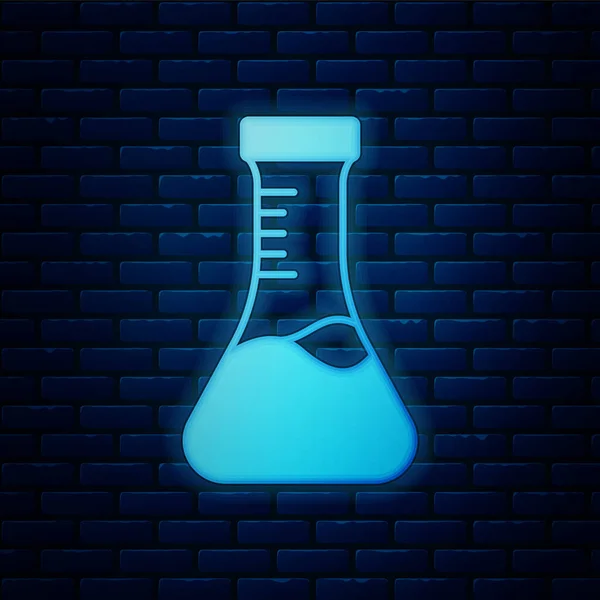 Glowing neon Test tube and flask chemical laboratory test icon isolated on brick wall background. Laboratory glassware sign. Vector — Stock Vector